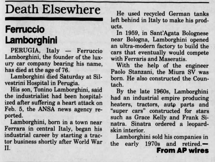 Artikel over de dood van Ferruccio Lombarghini in 1993