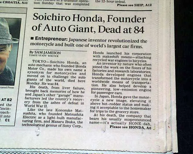 Eerste berichtgeving over de dood van Soichiro Honda - Los Angeles Times 1991